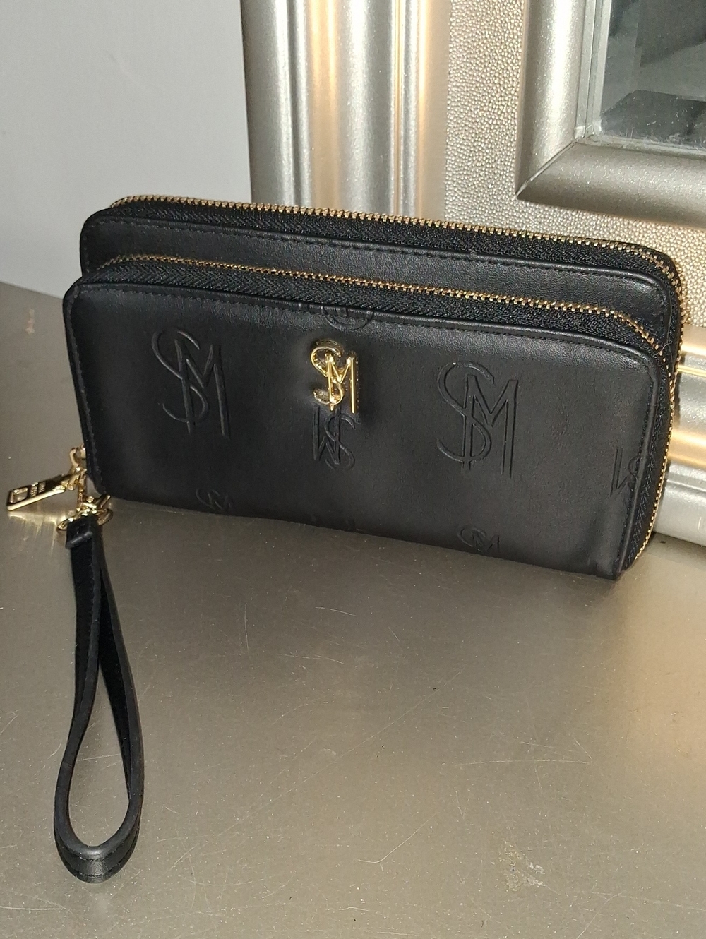 Steve Madden Black Embossed SM Zip Wristlet Wallet with Gold Hardware
